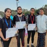 HS 1st year girls Asha, Mamoni nd Puja Das are seen with their winning medals of 200 mtr race